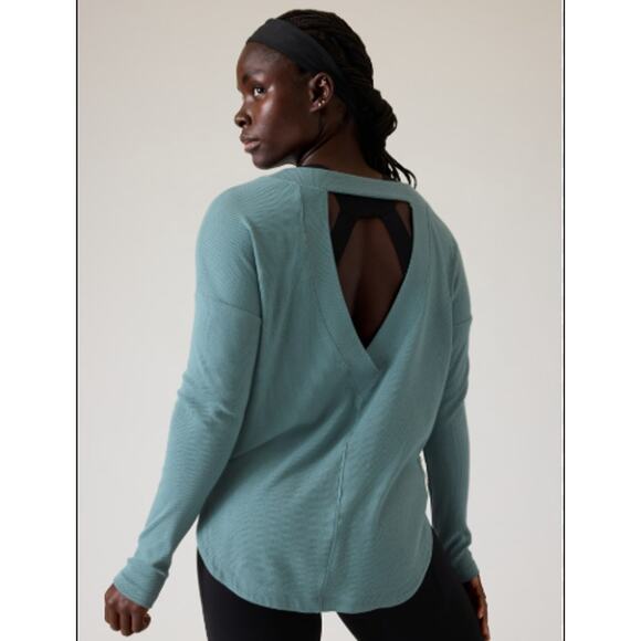 ATHLETA Presence Sweatshirt Teal Green Ribbed Longsleeve Backless Extra Small - Picture 1 of 6